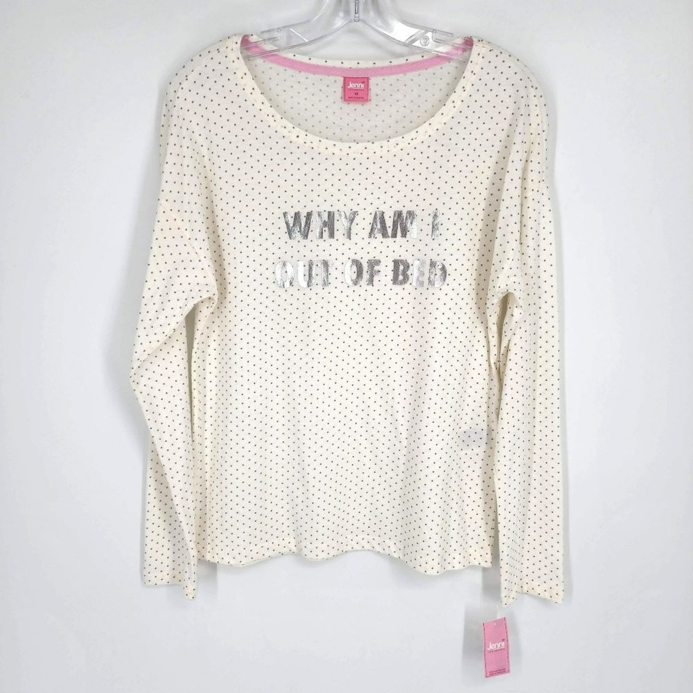 Jenni Intimate PJ Sleep Shirt Top XS Cream Metallic Silver Polka Dot Graphic New